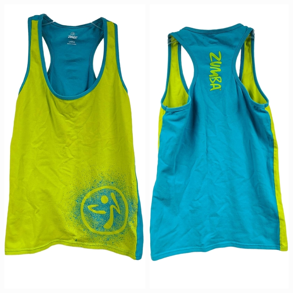 Zumba Racerback Tank Top Colorblock Neon Yellow Fitted Activewear Dance Workout